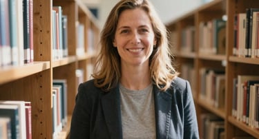 A warm and inviting portrait of learning manager Stephanie inside a bright, modern school library in British Columbia, natural sunlight reflecting off wooden bookshelves.