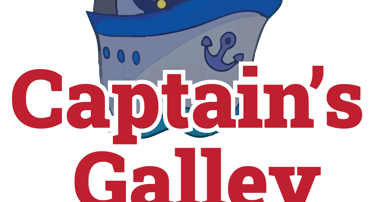 Captain’s Galley logo featuring red and white type and a cartoon captain on a ship