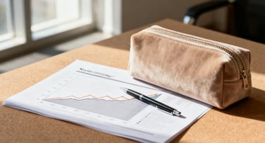 A high-end custom cosmetic pouch placed on a desk next to a business report.