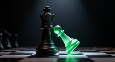 A strategic comeback: a green chess piece winning a game on a chessboard.