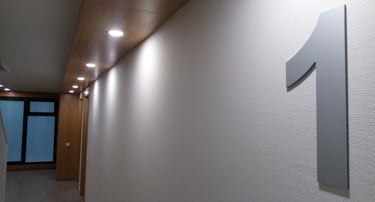 Ventanas de aluminio negro al fondo de pasillo en edificio residencial.