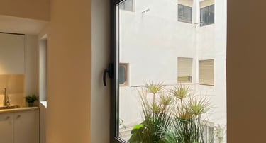 Ventana negra de grandes dimensiones.