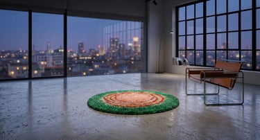 Premium hand-tufted round high-pile shaggy rug with green and pink botanical bloom pattern