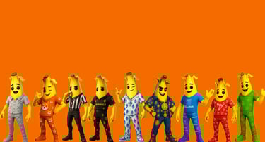 a group of bananas and other characters in a row of bananas