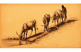 a man with cows at a waterhole