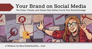 cartoony illustration of a manic sara dudenhoeffer standing in front of a wall covered in papers