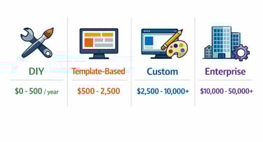 Website pricing tiers from DIY ($0-500) to enterprise ($10k-50k+)