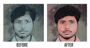 Close-up of photo restoration process for an old, faded image