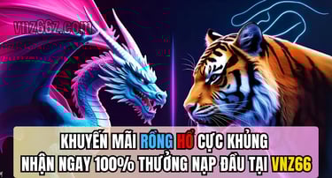 Hình ảnh khuyến mãi Rồng Hổ tại VNZ66 với ưu đãi 100% nạp đầu dành cho người chơi mới, nổi bật và th