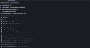 uBlock Origin filter lists dashboard showing ad blocking and privacy settings in dark mode.