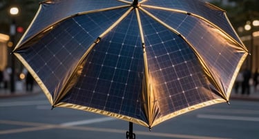 Professional outdoor photograph of a high-tech solar-powered umbrella with metallic gold trim, illuminating a modern street corner at dusk.