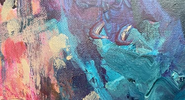 closeup of acrylic painting with teal pinks and deep purple colors