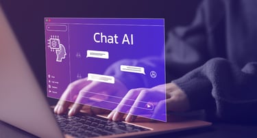 A close-up of hands on a laptop keyboard. A purple screen floating above it says "Chat AI"