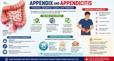 Doctor explaining appendicitis symptoms and appendix location in the human digestive system.