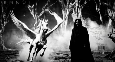 Winged unicorn and man in black cloak and sadface mask.