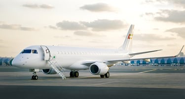 Luxury executive airliner parked on the tarmac with open door and boarding stairs, ready for VIP and corporate travel. Offeri