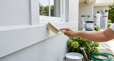Professional house painter cleaning a window sill with a brush before applying exterior masonry paint.
