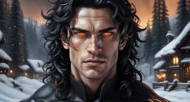 Sloan Whelan, veteran, vampire,  man with black waves and glowing orange eyes.