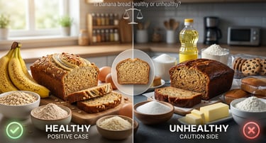 Split image showing healthy homemade banana bread with natural ingredients versus high-calorie store