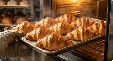 Freshly baked golden croissants with flaky layers coming out of the oven
