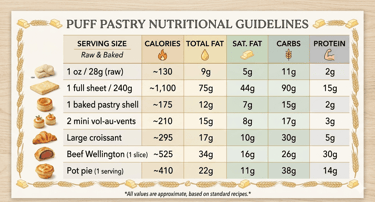 Puff pastry nutritional guidelines chart showing calories, fat, carbs, and protein for items like cr
