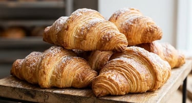 Professional-style croissants with perfectly laminated flaky layers and golden color