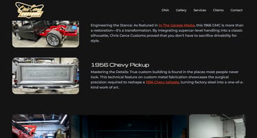 Chris Cerce Customs website showcasing custom metal fabrication for a 1956 Chevy pickup tailgate.
