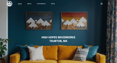 Rustic wood mountain wall art hanging above a yellow sofa in a modern home interior.