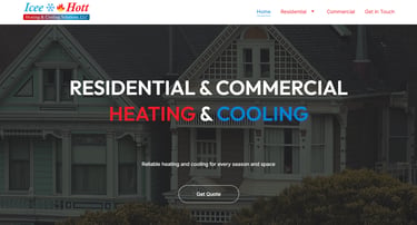 Icee Hott Heating & Cooling website banner featuring residential and commercial HVAC services over a house.