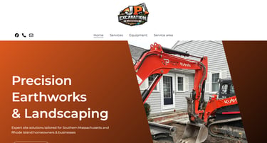Red Kubota excavator parked for residential landscaping and earthworks project in Southern Massachusetts.