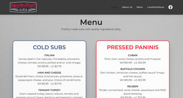 Menu for North Port Subs featuring cold subs and pressed paninis with prices and ingredients.