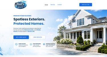 Paul's Power Washing website banner featuring a clean white house with a paved driveway in Norton, MA.