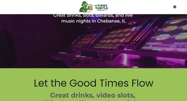 A row of glowing video slots at The Tipsy Turtle bar in Chebanse, IL.