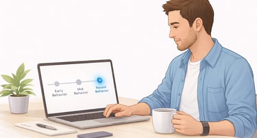 Concept Clean, calm visual: Person reviewing simple timeline on laptop/tablet Neutral expression (