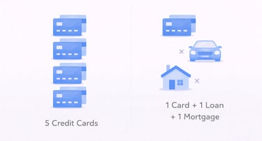 credit mix versus number of accounts diagram showing multiple credit cards compared to diverse accou