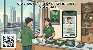 Customer verifying age for cannabis purchase in Thailand using mobile system showing legal compliance