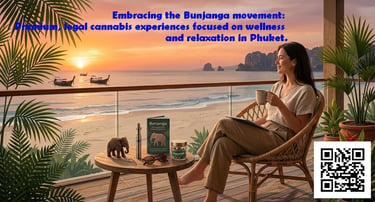 A mindful traveler enjoying the Bunjanga cannabis lifestyle experience on a luxury balcony at sunset in Thailand.