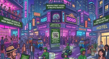 Weed delivery in Nana Bangkok showing nightlife street with fast cannabis access for tourists near Sukhumvit entertainment 