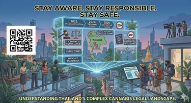 Cannabis legal status in Thailand showing law symbols and weed regulation awareness for tourists and residents in 2026