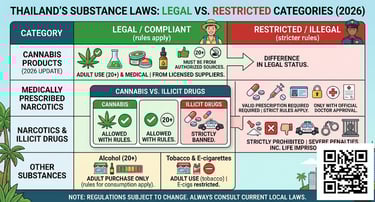 Thailand drug laws overview showing legal cannabis vs restricted substances for tourists in Bangkok Phuket Chiang Mai Pattaya