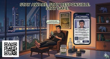 Experienced cannabis user enjoying strong high THC weed in Thailand indoor setting showing Green Chill premium strain