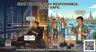 Indica vs sativa cannabis comparison showing relaxing night effects and energetic daytime effects for weed users in Thailand