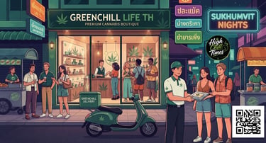 Modern weed shop in Sukhumvit Bangkok with premium cannabis lifestyle, delivery service, tourists and nightlife in Thailand.