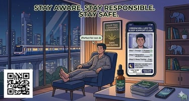 Relaxed traveler using cannabis for sleep in Thailand at night in a calm apartment setting representing indica strains