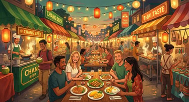 bustling Thai night market with happy travelers enjoying street food at communal tables under warm lanterns, captu