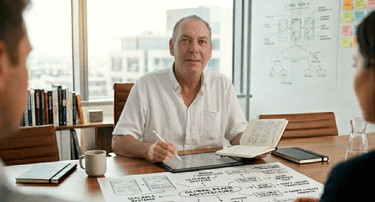 Principal consultant leading a brand architecture strategy session, with wireframes, digital tablets