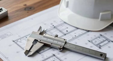 A detailed close-up of a technical engineering blueprint laid out on a wooden desk next to a pair of stainless steel calipers and a white hard hat. The lighting is soft and focused, emphasizing precision and professionalism in a Global Professional setting.