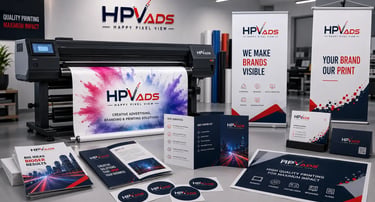 Printing services in Theni by HPV Ads including flex printing, banners, stickers and visiting cards.