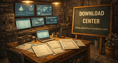 Survival base download center with computer monitors, documents, and a wooden sign in a bunker.