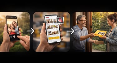 A person using the Kodak mobile app to order photo prints for home delivery.